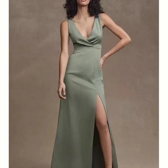 BHLDN NWT Anthropologie Piper V-Neck Side Slit Satin Gown Dress Size 4 Moss $248 - Picture 1 of 5